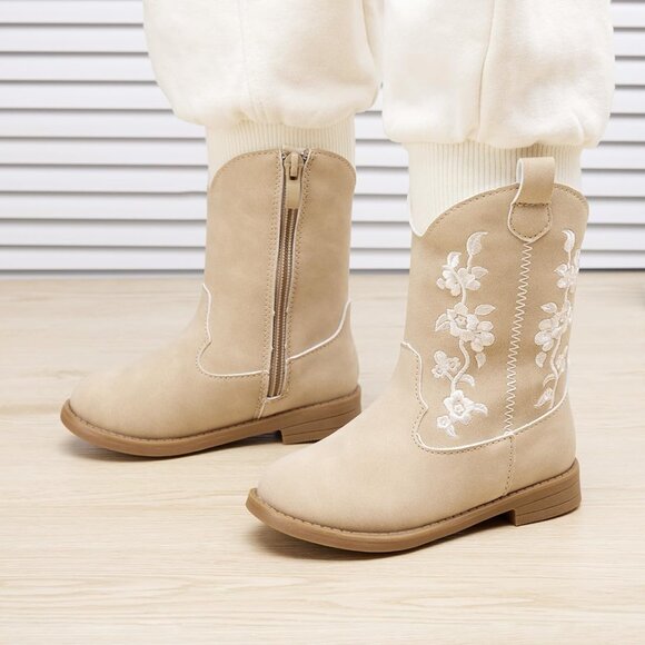 ⚡Girls 4-Camel Microfiber Little Kids Mid Calf Western Pointed Toe Riding Boots - Picture 3 of 6